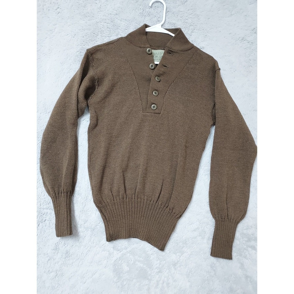 Vintage US Military Sweater Mens Small 34 36 Wool 5 Button Henley Pullover Brown